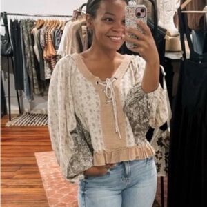 BOUTIQUE ITEM 
POL brand Beige brown and White Lace-Up Blouse
Boho NWOT